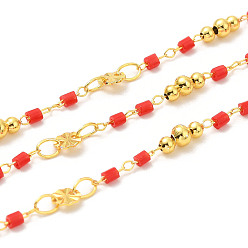 Roja Cadenas de cuentas de latón hechas a mano, con perlas de vidrio, con carrete, sin soldar, real 18 k chapado en oro, rojo, 0.5~7x2~4 mm, aproximadamente 32.81 pies (10 m) / rollo