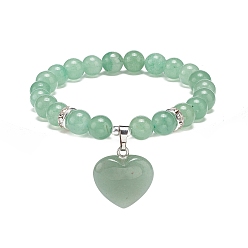 Aventurine Verte Bracelet extensible en perles rondes d'aventurine verte naturelle avec breloque coeur, yoga des pierres précieuses pour les femmes, diamètre intérieur: 2 pouce (4.95 cm)