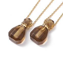 Synthetic Gemstone Openable Faceted Synthetic Smoky Quartz Perfume Bottle Pendant Necklaces for Women, 304 Stainless Steel Cable Chain Necklaces, Golden, 18.50 inch(47cm)