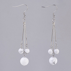 Howlite Natural Howlite Dangle Earrings, with 304 Stainless Steel Earring Hooks and Iron Eye Pins, Round, 77~78mm, Pendant: 57~58mm, Pin: 0.6mm