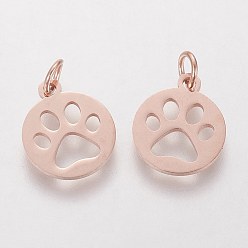 Rose Gold 304 Stainless Steel Pendants, Flat Round with Dog Paw Prints, Rose Gold, 14x12x1.1mm, Hole: 4mm