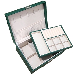 Темно-Зеленый 2-ярусные прямоугольные коробки-органайзеры для ювелирных изделий из искусственной кожи, портативный дорожный футляр для драгоценностей, для сережек, , Кольца, темно-зеленый, 23x17x9 см