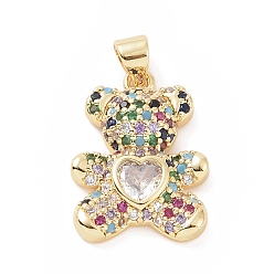 Colorful Brass Micro Pave Cubic Zirconia Pendants, with Glass, Bear with Heart Charm, Golden, Colorful, 20.5x15x5mm, Hole: 5.5x3.5mm