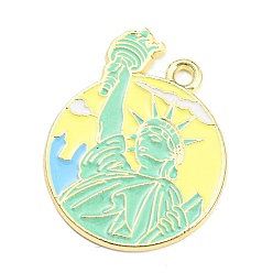 Champagne Yellow Alloy Enamel Pendants, Golden, Flat Round with Statue of Liberty Pattern, Champagne Yellow, 27x22x1.5mm, Hole: 1.8mm