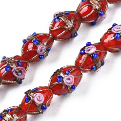 Rouge Brins de perles au chalumeau de sable d'or faites à la main, ovale avec fleur, rouge, 16~17x13~15x12~13mm, Trou: 1.4~1.8mm, Environ 30 pcs/chapelet, 19.69 pouce (50 cm)