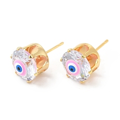 Pink Flat Round Glass with Enamel Evil Eye Stud Earrings, Real 18K Gold Plated Brass Jewelry for Women, Pink, 11mm, Pin: 0.8mm