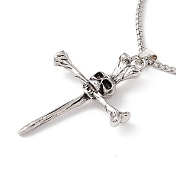 Antique Silver & Stainless Steel Color Alloy Cross with Skull Pendant Necklace with 201 Stainless Steel Box Chains, Gothic Jewelry for Men Women, Antique Silver & Stainless Steel Color, 23.62 inch(60cm)