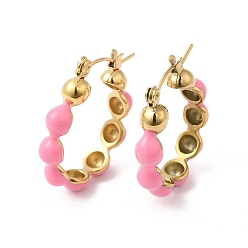Rose Nacré Boucles d'oreilles créoles en perles d'émail, véritable 14k plaqué or 304 bijoux en acier inoxydable pour femmes, perle rose, 26x23x5mm, pin: 0.6 mm