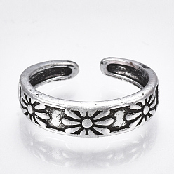 Античное Серебро Сплав манжеты кольца пальцев, широкая полоса кольца, цветок, античное серебро, Размер 5, 16 мм