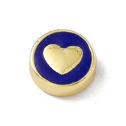 Blue Brass Enamel Beads, Long-Lasting Plated, Cadmium Free & Lead Free, Real 18K Gold Plated, Flat Round with Heart, Blue, 11x4.5mm, Hole: 1.8mm
