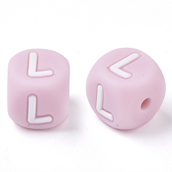 Letter L Food Grade Eco-Friendly Silicone Beads, Horizontal Hole, Chewing Beads For Teethers, DIY Nursing Necklaces Making, Letter Style, Cube, Pink, Letter.L, 10x10x10mm, Hole: 2mm