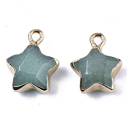 Green Aventurine Natural Green Aventurine Pendants, with Light Gold Plated Edge and Brass Loop, Star, Faceted, 16~17x13x6.5mm, Hole: 1.6mm