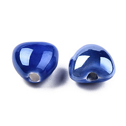 Royal Blue Pearlized Handmade Porcelain Beads, Heart, Royal Blue, 10x10x7mm, Hole: 1.8mm