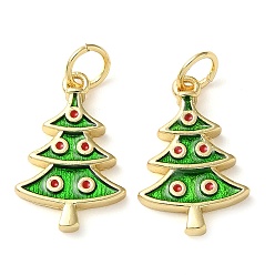 Lime Green Christmas Rack Plating Brass Pendants, with Jump Ring and Enamel, Long-Lasting Real 18K Gold Plated, Cadmium Free & Lead Free, Christmas Trees Charm, Lime Green, 17x11x2.5mm, Hole: 3.4mm
