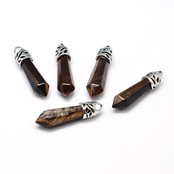 Tiger Eye Bullet Platinum Plated Alloy Natural Tiger Eye Pointed Pendants, Cadmium Free & Lead Free, 33~40x8~9mm, Hole: 3x4mm
