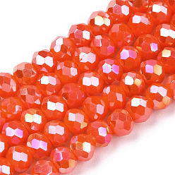 Orange Red Electroplate Glass Beads Strands, Opaque Solid Color, AB Color Plated, Faceted, Rondelle, Orange Red, 8x6mm, Hole: 1mm, about 65~68pcs/strand, 15.7~16.1 inch(40~41cm)