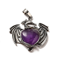 Amethyst Natural Amethyst Heart Pendants, Dragon Charms, with Rack Plating Antique Silver Plated Brass Findings, Lead Free & Cadmium Free, 33x33.5~34x7~7.5mm, Hole: 8x5mm