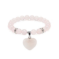 Quartz Rose Bracelet extensible perlé rond en quartz rose naturel avec breloque coeur, yoga des pierres précieuses pour les femmes, diamètre intérieur: 2 pouce (4.95 cm)