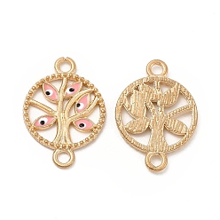 Pink Alloy Enamel Connector Charms, Flat Round Tree Links with Evil Eye, Light Gold, Nickel, Pink, 23.5x16.5x2mm, Hole: 2mm