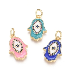 Mixed Color Golden Plated Brass Pendants, with Enamel, Cubic Zirconia and Jump Rings, Hamsa Hand/Hand of Fatima/Hand of Miriam with Evil Eye, Mixed Color, 20x13x3mm, Hole: 4mm