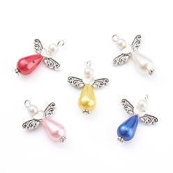 Couleur Mélangete Imitation pendentifs acryliques de perles, perles de coeur en alliage d'argent antique, ailes d'anges, couleur mixte, 33x23.5x10mm, Trou: 2x3mm