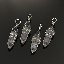 Quartz Crystal Faceted Bullet Platinum Plated Brass Quartz Crystal Double Terminated Pointed Pendants, Rock Crystal, 38~42x8~9mm, Hole: 3~6mm