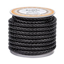 Black Braided Cowhide Leather Cord, Leather Rope String for Bracelets, Black, 4mm, about 5.46 yards(5m)/roll