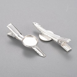 Silver Iron Alligator Hair Clip Findings, Unique Vintage Jewelry Findings for Hair Accessories, Flat Round, Silver, Tray: 16x16mm, 44x18mm