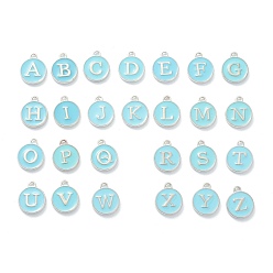 Platinum Platinum Plated Alloy Enamel Charms, Cadmium Free & Lead Free, Enamelled Sequins, Flat Round with Letter, Sky Blue, Platinum, 14x12x2mm, Hole: 1.4mm