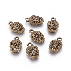 Antique Bronze Mexico Holiday Day of the Dead Sugar Skull Tibetan Style Alloy Metal Pendants, For Mexico Holiday Day of the Dead, Lead Free & Cadmium Free, Antique Bronze, 18x12x3mm, Hole: 2mm