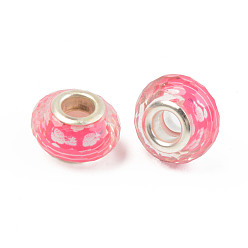 Deep Pink Resin European Beads, Large Hole Beads, with Silver Color Plated Brass Cores, Faceted, Rondelle, Deep Pink, 14x9mm, Hole: 5mm