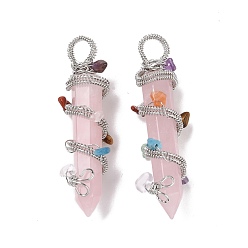 Rose Quartz Natural Rose Quartz Pointed Big Pendants, with Platinum Plated Rack Plating Brass Findings and Mixed Stone Chip Beads, Cadmium Free & Lead Free, Faceted, Bullet Charm, 64~68x16~17x16~17mm, Hole: 7.5mm