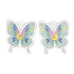 Aqua Transparent Acrylic Pendants, with Glitter Powder, Butterfly, Colorful, 37.5x33.5x1.5mm, Hole: 2.8mm