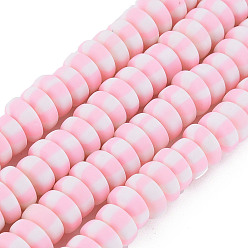 Pink Handmade Polymer Clay Beads Strands, for DIY Jewelry Crafts Supplies, Flat Round, Pink, 6.8~8x3mm, Hole: 1.4mm, about 110~116pcs/strand, 15.75 inch(40cm)