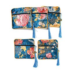 Steel Blue Chinese Style Floral Cloth Jewelry Storage Zipper Pouches, Square Jewelry Gift Case with Tassel, for Bracelets, Earrings, Rings, Random Pattern, Steel Blue, 115x115x7mm