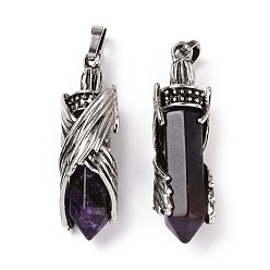 Amethyst Natural Amethyst Pendants, with Alloy Findings, Cadmium Free & Lead Free, Faceted, Bullet with Wing, 43.5~44x12.5~13x11.5~12mm, Hole: 7x5mm