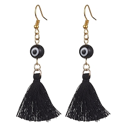 Black Evil Eye Lampwork & Tassel Earrings, Golden Iron Long Dangle Earrings, Black, 70~72x17~22mm
