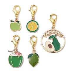 Green Fruits Alloy Enamel Pendant Decorations, with Zinc Alloy Lobster Claw Clasps, Mixed Shapes, Green, 32~47.5mm