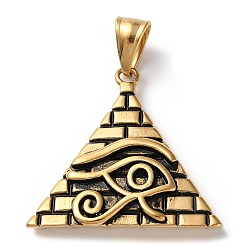 Antique Golden Ion Plating(IP) 304 Stainless Steel Pendants, Pyramid with Eye of Horus Charm, Antique Golden, 34x34x8mm, Hole: 4.5x9.5mm