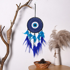 Bleu Nuit Fer et toile/filet tissé avec décorations pendantes en plumes, style mauvais œil pour la décoration suspendue de la maison, bleu minuit, 500x200mm