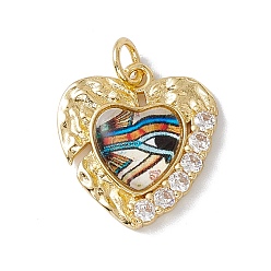 Colorful Brass Micro Pave Clear Cubic Zirconia Pendants, with Resin and Jump Rings, Lead Free & Cadmium Free, Heart with Eye, Real 18K Gold Plated, Colorful, 20.5x19x4.5mm, Hole: 4mm