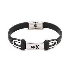 Letter 201 Stainless Steel Rectangle Link Bracelet with PU Leather Cord for Men Women, Black, Letter Pattern, 9-1/8 inch(23cm)