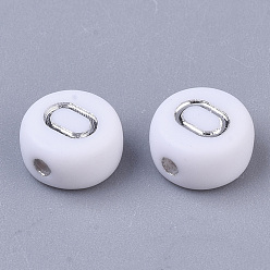 Letter O Plating Acrylic Beads, Silver Metal Enlaced, Horizontal Hole, Flat Round with Letter, White, Letter.O, 7x4mm, Hole: 1.2mm, about 3600pcs/500g.