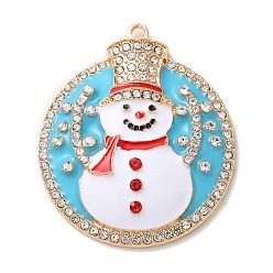 Snowman Christmas Zinc Alloy Rhinestone Pendnats, with Enamel, Light Gold, Snowman, 38x32.5x6.2mm, Hole: 2mm
