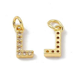 Letter L Dijes de circonita cúbica transparentes con micro pavé de latón bañado en oro de 18 k real, con anillo de salto, letter.l, 11.5x6x2.5 mm, agujero: 3.4 mm