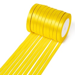 Amarillo Cinta de satén de una sola cara, Cinta de poliéster, amarillo, 3/8 pulgada (10 mm), aproximadamente 25 yardas / rollo (22.86 m / rollo), 10 rollos / grupo, 250yards / grupo (228.6m / grupo)