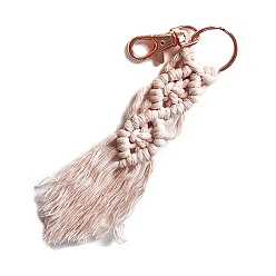 Misty Rose Macrame Cotton Cord Woven Tassel Pendant Keychain, with Swivel Clasp, Misty Rose, 20x2.5cm