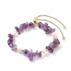 Améthyste Bracelet coulissant en perles d'améthyste naturelle et perles, bijoux en pierres précieuses pour femmes, or, diamètre intérieur: 2-1/8~3-1/4 pouce (5.4~8.4 cm)