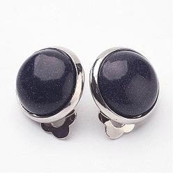 Midnight Blue Synthetic Blue Goldstone Brass Clip-on Earrings, Flat Round, Midnight Blue, 14x10mm