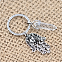 Quartz Crystal Natural Quartz Crystal Pendant Keychains, with Alloy Pendants and Iron Rings, Bullet Shape with Hamsa Hand, 7.2cm